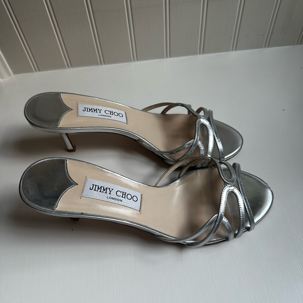 Jimmy Choo Silver Strappy Kitten Heel Sandals